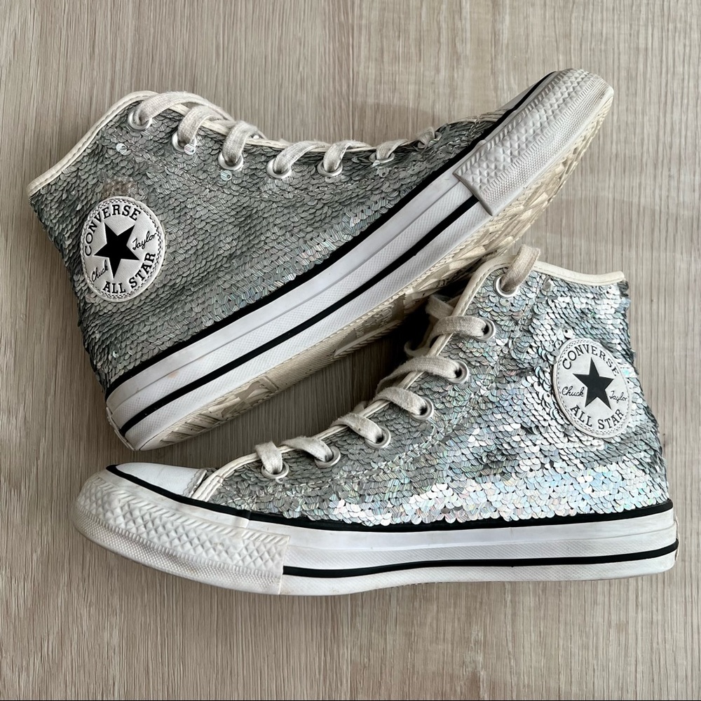 W8 Silver Sequins Converse High Tops